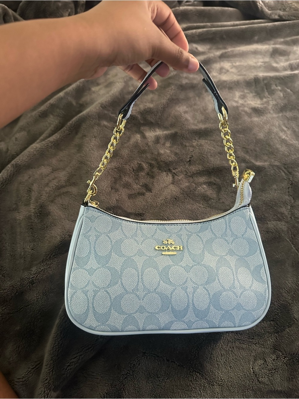 COACH Light Blue Signature Canvas Chain-Handle Shoulder Bag